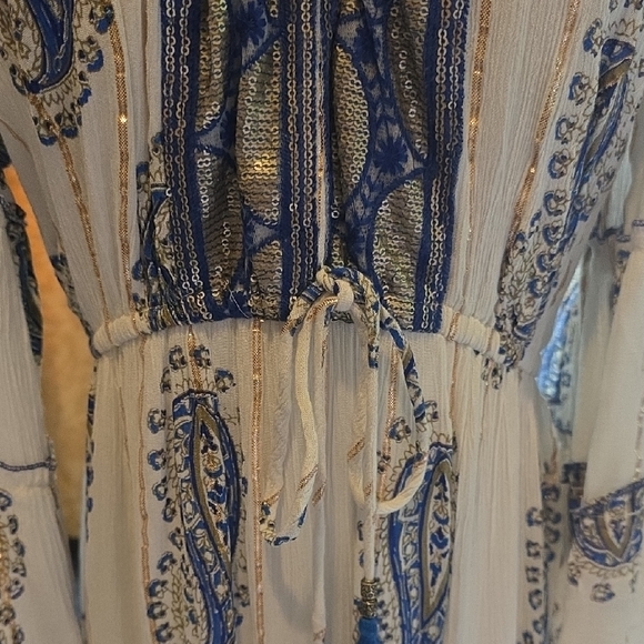 White & Navy Paisley Tiered Maxi Dress with Tie Front - Picture 3 of 6